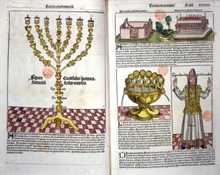Menoran och en hebreisk präst, från Nürnbergkrönikan av Hartmann Schedel (1440-1514) 1493 (träsnitt i färg)