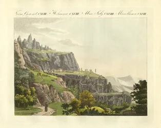 Montserrat i Spanien (färgad gravyr)