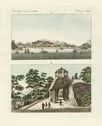 Den portugisiska kolonin Macau i Kina (färgad gravyr)