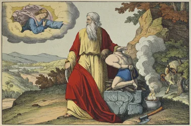 Isaacs offer av Abraham, illustration från Lancien Testamentet, utgiven av Jakob Ferdinand Schreiber, Esslingen (färgstick)
