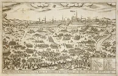 Belägringen av Wien 1529, illustration från en bok om de osmanska kampanjerna i Europa, graverad av Paul Furst (ca 1605-66)