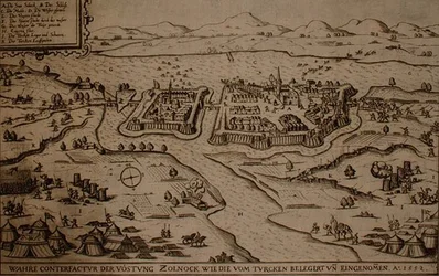 Belägringen av Zolnock av turkarna 1552, illustration från en bok om de osmanska kampanjerna i Europa, graverad av Paul Furst (ca 1605-66) (gravyr)