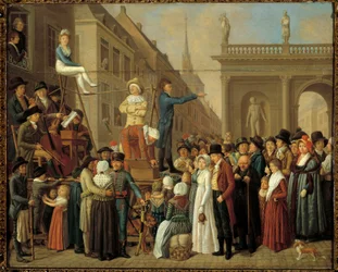 Stage Scene gatushow med musiker och komiker. Målning av tyska skolan på 1800-talet. Paris, Musee Cognacq Jay