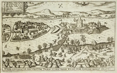 Staden Tokay återvunnen från turkarna av Herr Schwendi 1565, illustration från en bok om de osmanska kampanjerna i Europa, graverad av Paul Furst (ca 1605-66)