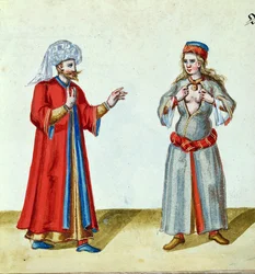 Turken och kurtisanen, slutet av 1500-talet (wc, förgylld och gouache på papper)