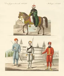Den turkiske sultanen Mahmud och hans nya trupper (färgad gravyr)
