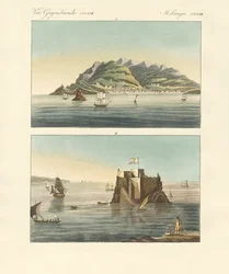 Staden Funchal och Fort Loo på ön Madeira (färgad gravyr)