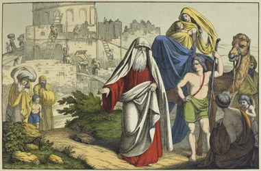 Konstruktionen av Babels torn, illustration från LAncien Testamentet, utgiven av Jakob Ferdinand Schreiber, Esslingen (färgstick)