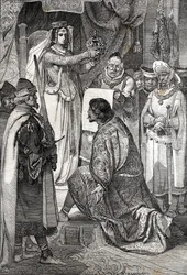 Margareta I av Danmark kröner Erik XIII av Pommern till kung över de nordiska kungarikena Sverige, Danmark och Norge