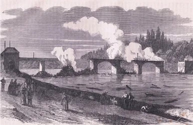 Försvaret av Paris-brännande bron över Asnieres, Cassells historia om kriget mellan Frankrike och Tyskland publicerad av Cassell and Company Limited, c.1890 (litho)