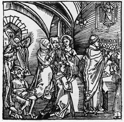 Djävlarna skriver ned köpmännens prat under mässan - i „Der Ritter von Turn” av riddaren Marquard vom Stein, 1498