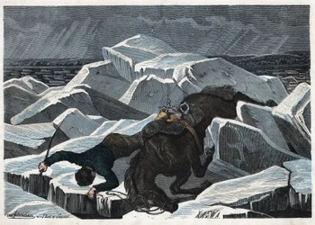 Greve Sandors och hans hästs fall på Donaus brutna is. I "" Wenn Jemand eine Reise thut, so kann er was erzahlen"" (När någon reser, detta är vad han kan berätta), tysk saga av Franz Wiedemann