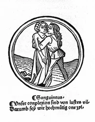 De fyra temperamenten: blodet (varmt och snällt). Xylografi, Augsburg 1480.