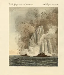 Den nya vulkanön vid Medelhavet (färgad gravyr)