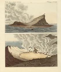 Den nya vulkanön vid Medelhavet, två månader senare (färgad gravyr)