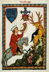 Jaktens nöjen: kung Radin av Hohenstaufen, kung av Sicilien (Italien) och Jerusalem (Israel) under namnet Conrad II, hertigen av Schwaben under namnet Conrad III och kungen av romarna under namnet Conrad V (1252) -1268) jagar rådjur. Illuminat