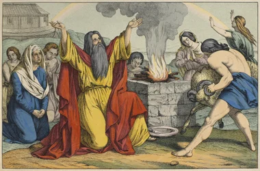 Noas offer, illustration från Lancien Testamentet, utgiven av Jakob Ferdinand Schreiber, Esslingen (färgstick)