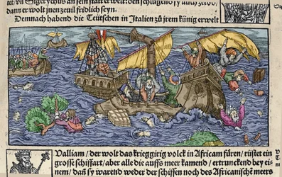 Skeppsvraket. Gravyr från "" Den Edlen Strenghen Besten Fromen"" av Johann Stumpff. början av 1500-talet.
