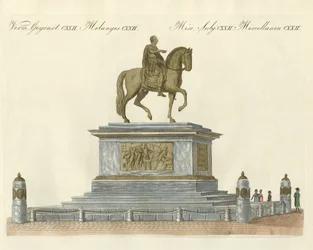 Statyn av Josef II framför kejsarens slott i Wien (färgad gravyr)