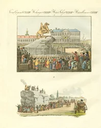 Statyn av Peter den store till häst i St. Petersburg (färgad gravyr)