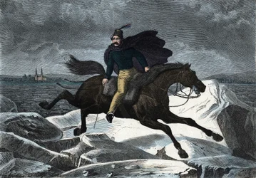 Sagan Sandor på sin häst Tartar i galopp på Donaus isflod. I "" Wenn Jemand eine Reise thut, so kann er was erzahlen"" (När någon reser, detta är vad han kan berätta), tysk saga av Franz Wiedemann