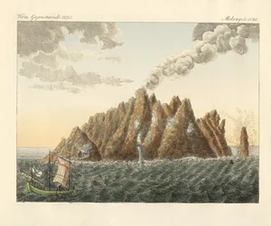 Den vulkaniska ön Helige Johannes teologen (färgad gravyr)