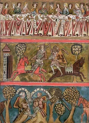 Tre scener från Parsifal av Wolfram von Eschenbach (d.c.1230) faksimil från ett 1200-talsmanuskript