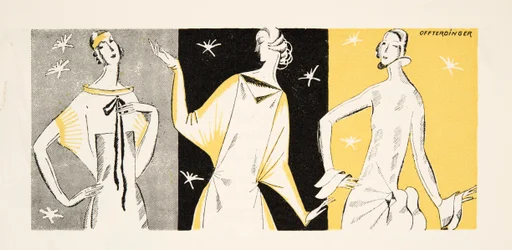 Tre kvinnor i klänningar, från Styl, pub.1922 (pochoirtryck)