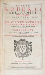Titelsidan av De Controversiis av Robert Bellarmine, upplaga publicerad i Köln 1620 (tryckt papper)