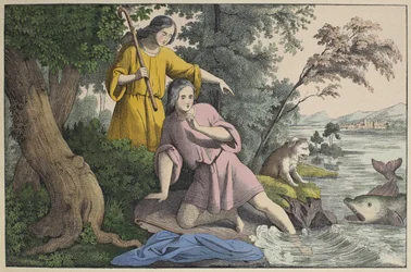 Tobias och ärkeängeln Rafael, illustration från Lancien Testamentet, utgiven av Jakob Ferdinand Schreiber, Esslingen (färgstick)