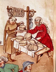 Handel: en brödförsäljare. Miniatyr ur "Krönikan om konciliet i Konstanz" av Ulrich Richental (1360-1437), omkring 1438. Prag, Nationalbiblioteket