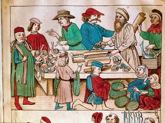 Handel: gatuscen. Miniatyr ur ”Krönikan om konciliet i Konstanz” av Ulrich Richental (1360-1437), omkring 1438. Prag, Nationalbiblioteket