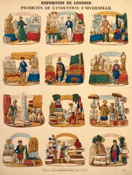 Tolv utställningsmontrar från olika nationer på Världsutställningen i London, utgivna av Dambour & Gangel, Metz, 1851