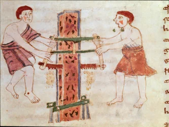 Två män såg en marmorstam (miniatyr, 900-talet)