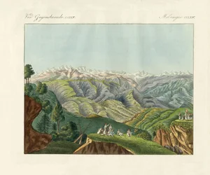 Två vyer över Himalaya (färgad gravyr)