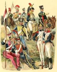 Franska truppers uniformer under Napoleon I:s tid, ur "Meyers Lexicon", utg. 1930 (färglitografi)