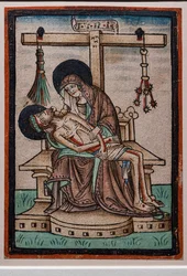Vesperbild, akvarellträsnitt av tysk gravör, ca 1450. Symbolerna för Kristi passion hänger från korset.