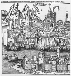 Utsikt över Basel, illustration från Krönikan av Nurnberg av Hartmann Schedel (1440-1514) 1493
