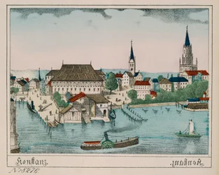 Vy över Konstanz som visar hamnen, Konzil och katedralen, från Neuruppiner Bilderbogen, 1830