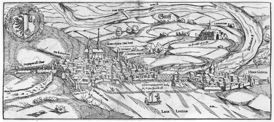 Utsikt över Genève, från Cosmographie Universelle av Sebastien Munster (1488-1552) Basel, publicerad 1559