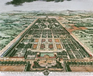 Utsikt över Herrenhausens slotts trädgård, cirka 1708, färgtryck, Tyskland