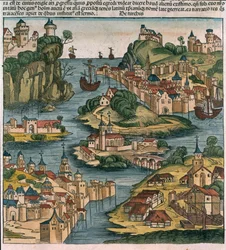 Utsikt över Bosporen vid infarten från Svarta havet, ur Nürnbergkrönikan av Hartmann Schedel (1440-1514), 1493