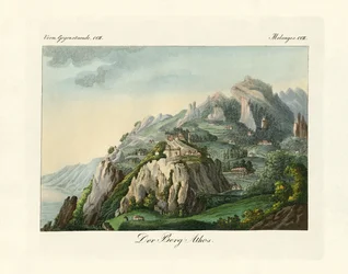 Utsikt över berget Athos (färgad gravyr)