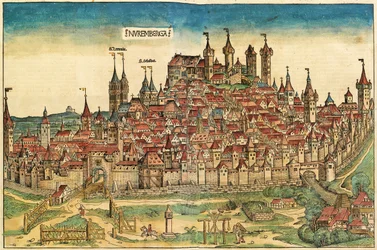 Utsikt över staden Nürnberga, publicerad i Nürnbergkrönikan, 1493