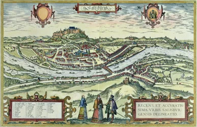 Utsikt över staden Salzburg på stranden av floden Salzach med slottet Hohensalzburg i bakgrunden, från "Gamla europeiska stadsscener" (gravyr)