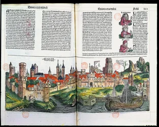 Utsikt över staden Köln, från Nürnbergs krönika av Hartmann Schedel, 1493 (trästick i färg)