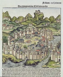 Utsikt över den muromgärdade staden Konstantinopel, från Nürnbergkrönikan av Hartmann Schedel (1440-1514) 1493 (träkloss)
