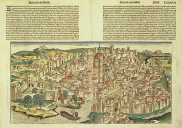 Utsikt över den muromgärdade staden Florens, från Nürnbergkrönikan av Hartmann Schedel (1440-1514) 1493