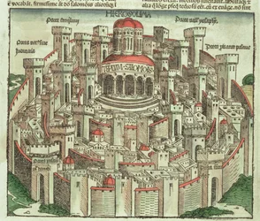 Utsikt över den muromgärdade staden Jerusalem som visar Salomos tempel och stadsportarna, från Nürnbergkrönikan av Hartmann Schedel (1440-1514) 1493