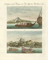 Utsikt över Japans kust bredvid japanska fordon (färgad gravyr)